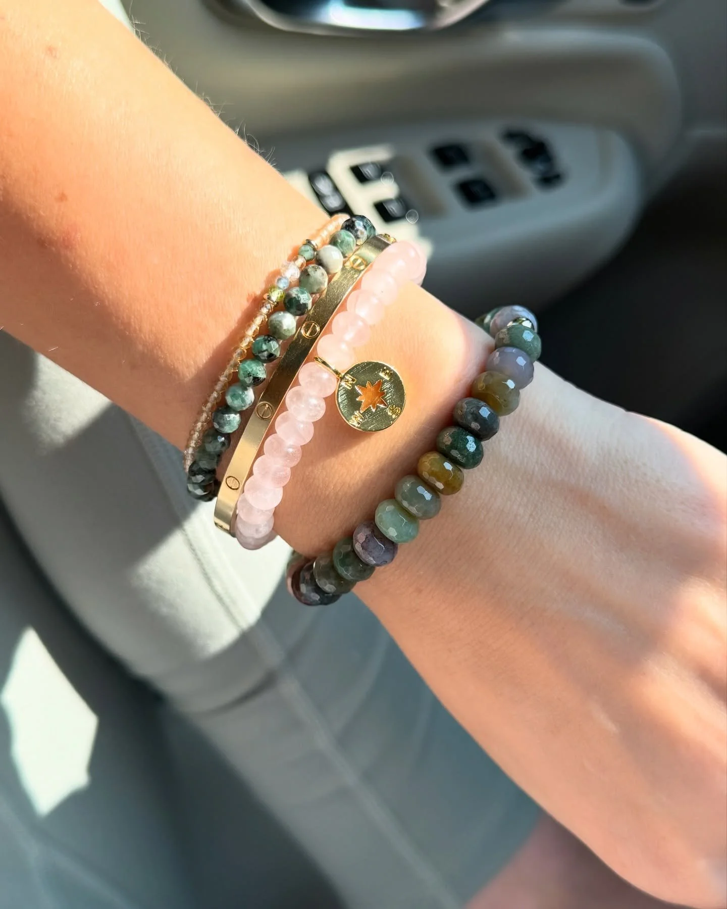 Citrine Story bracelet, Emerald elastic Camp bracelet, Rose Quartz Stack bracelet with compass charm, faceted Indian Agate Stack bracelet. And a partridge in a 🍐🌳