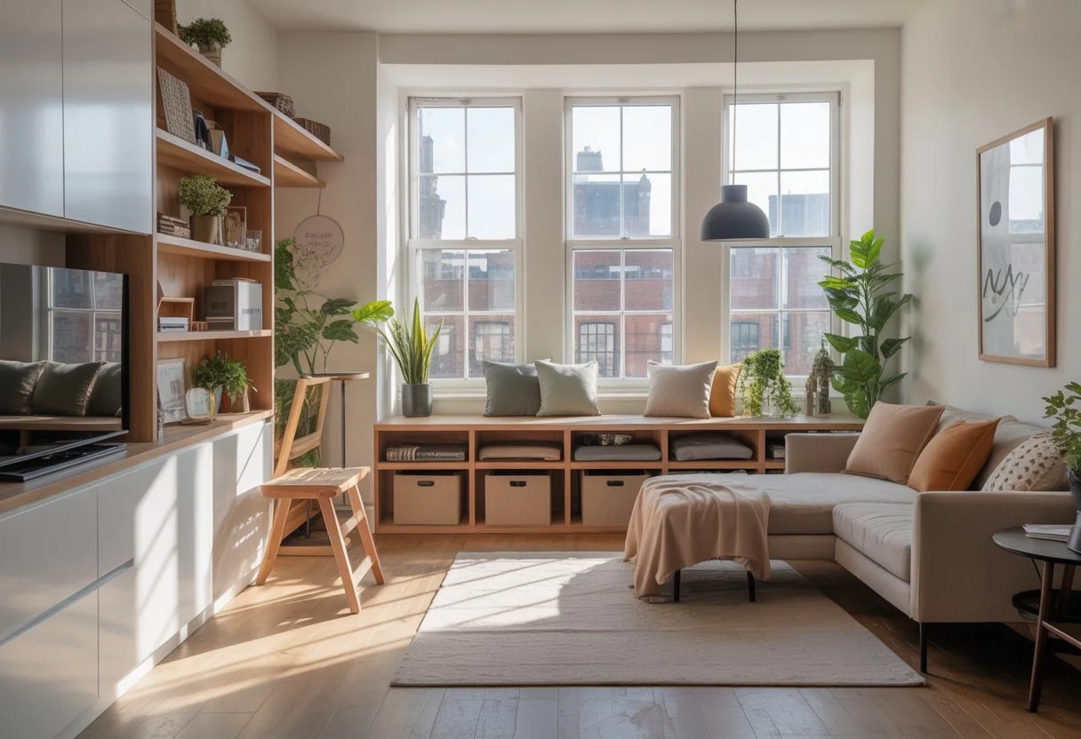 A bright compact city apartment living area with built-in shelves, multifunctional furniture, and large windows overlooking rooftops.