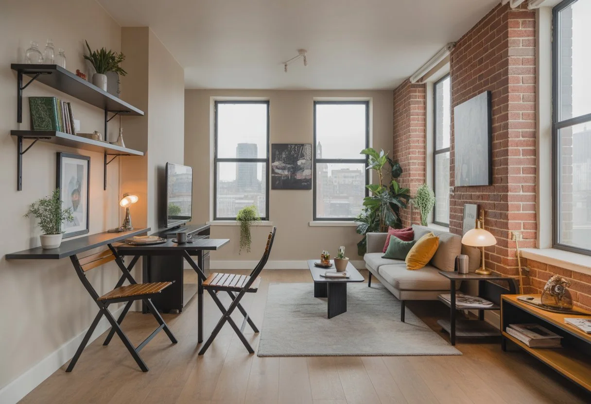 A compact modern living room with a sofa, foldable dining table, wall shelves, and large windows showing a city view.