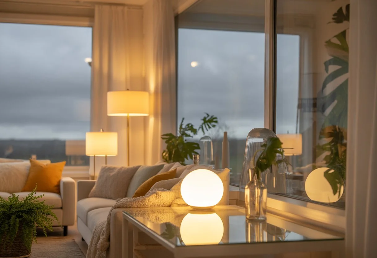 A bright living room with large windows showing grey skies outside, illuminated by warm lamps and natural light, featuring light walls, cosy cushions, plants, and reflective decor.