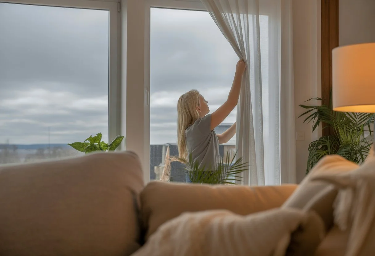 A person adjusting curtains in a bright living room with large windows showing a grey, cloudy sky outside.
