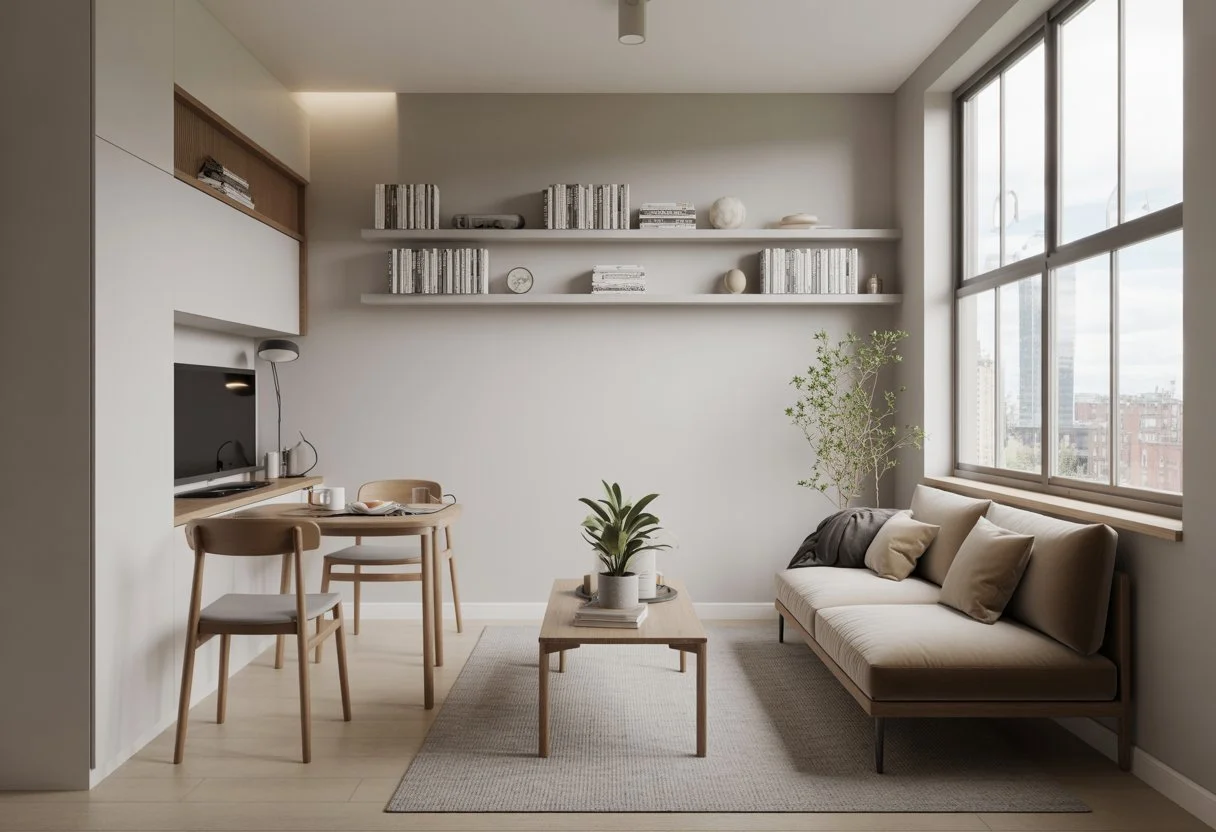 A small, tidy living room in a city apartment with a sofa, coffee table, shelves, and a window showing part of a city skyline.