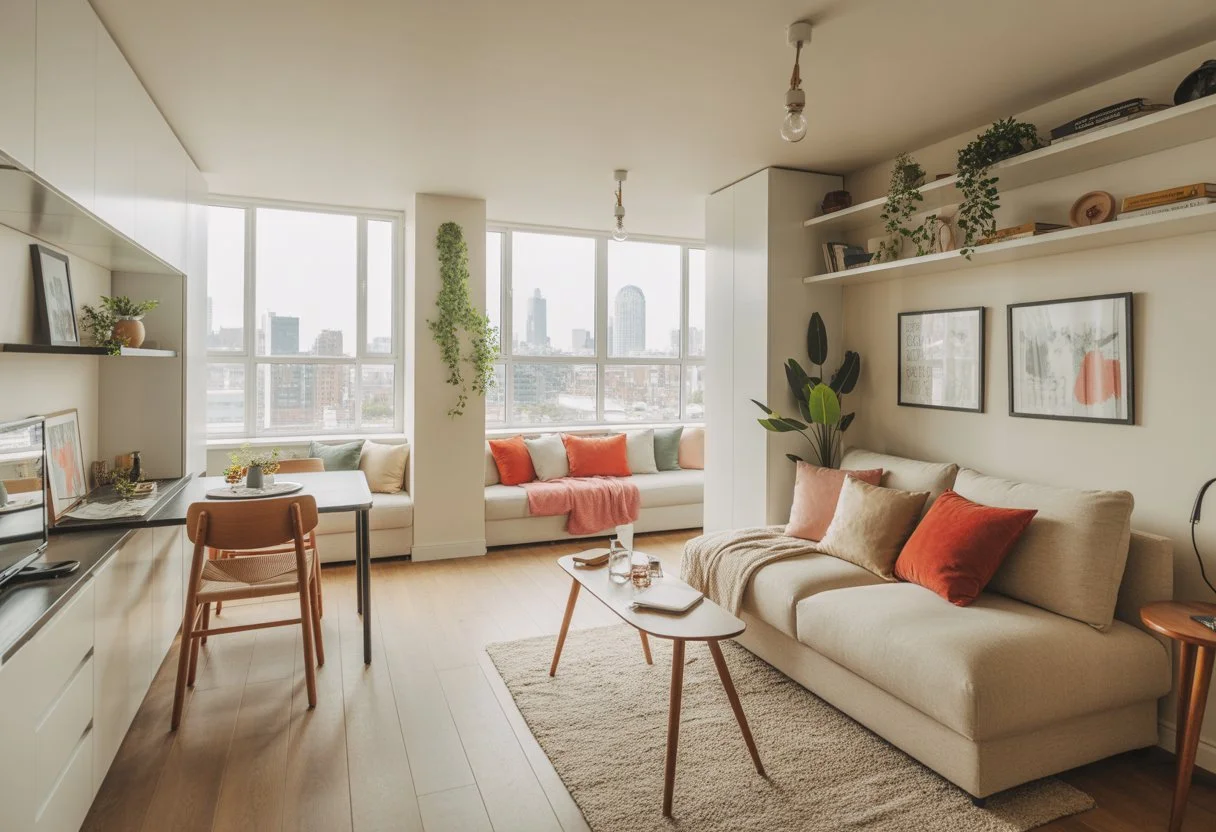 A small city apartment interior with a sofa bed, dining table, shelving, and large windows showing an urban skyline.