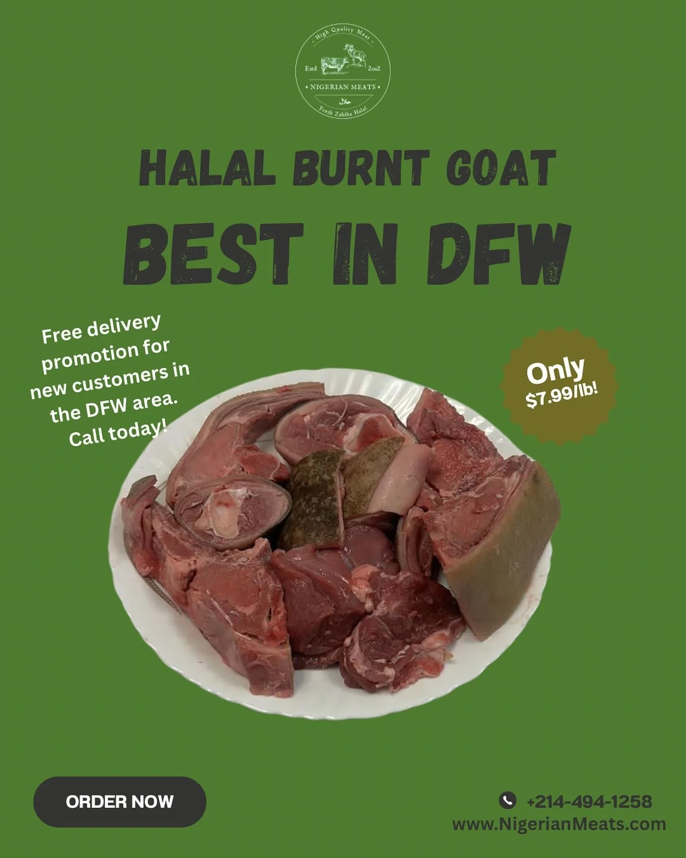 Fresh from the fire, straight to your kitchen.
Our burnt goat is hand-slaughtered, halal, and fire-roasted with no seasoning &mdash; just clean, smoky meat ready for your soups, stews, or the grill.

Simple, traditional, and always fresh.

$6.99/lb
F