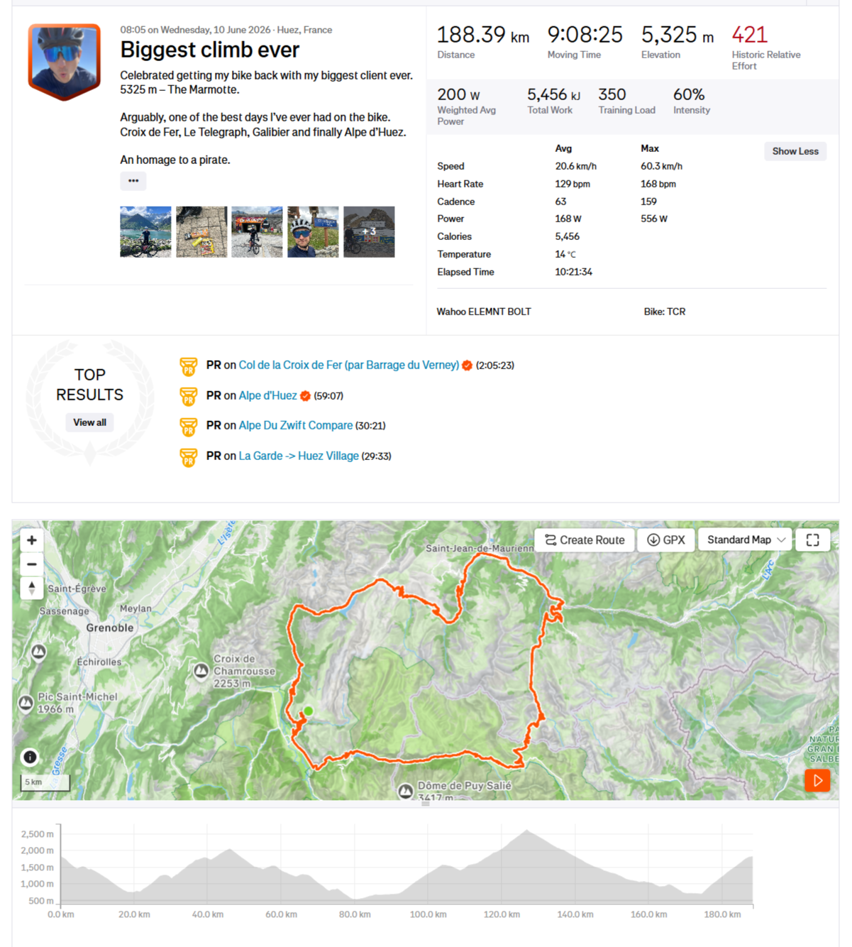 The famous Marmotte Granfondo route (or a slight variant). A super tough route including legendary Col de La Croix de Fer, Col du Galibier, Col du Lautaret and Alpe d'Huez 21 hairpins. Definitely not for everyone and near enough the same route as Tou