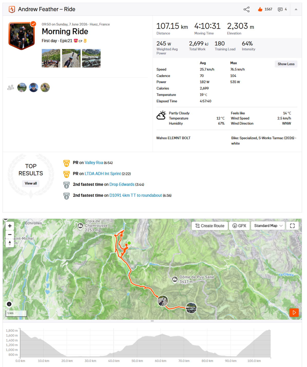 Andrew Feather's slight variant of the easy pace group to La Berarde on Day-1. With some strong riders for part of the route and then joining the easy pace group.