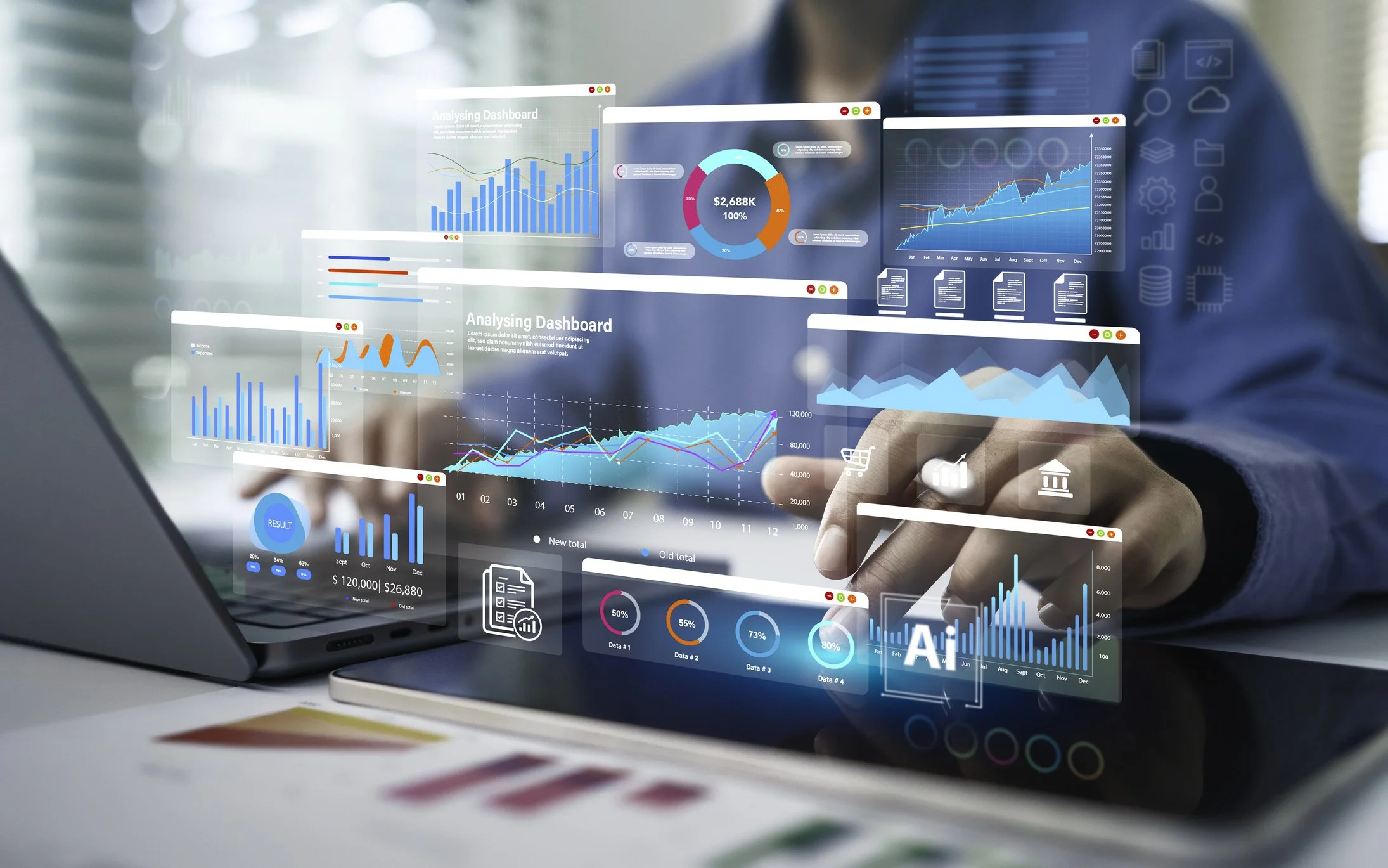 Person using a laptop with digital financial graphs and charts overlayed in a futuristic display.