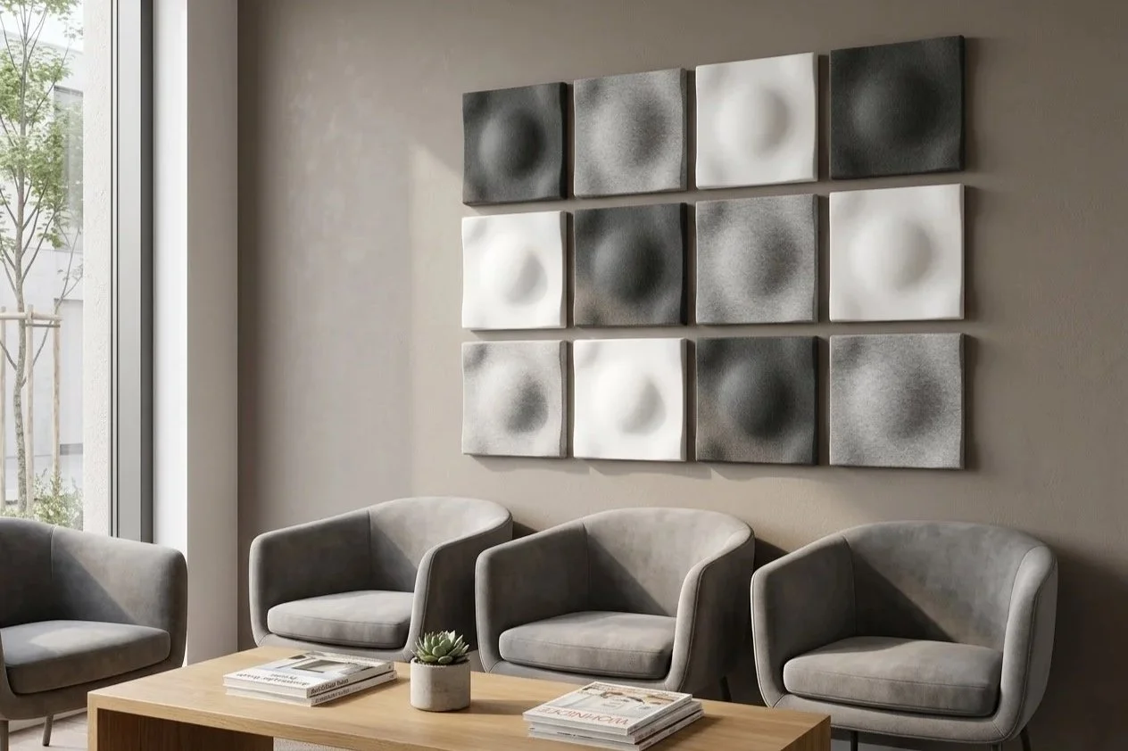 Soundwave Swell Akustikpaneele mit gewölbtem Halbkugel-Relief in Weiss bis Dunkelgrau über Sesseln im Wartebereich