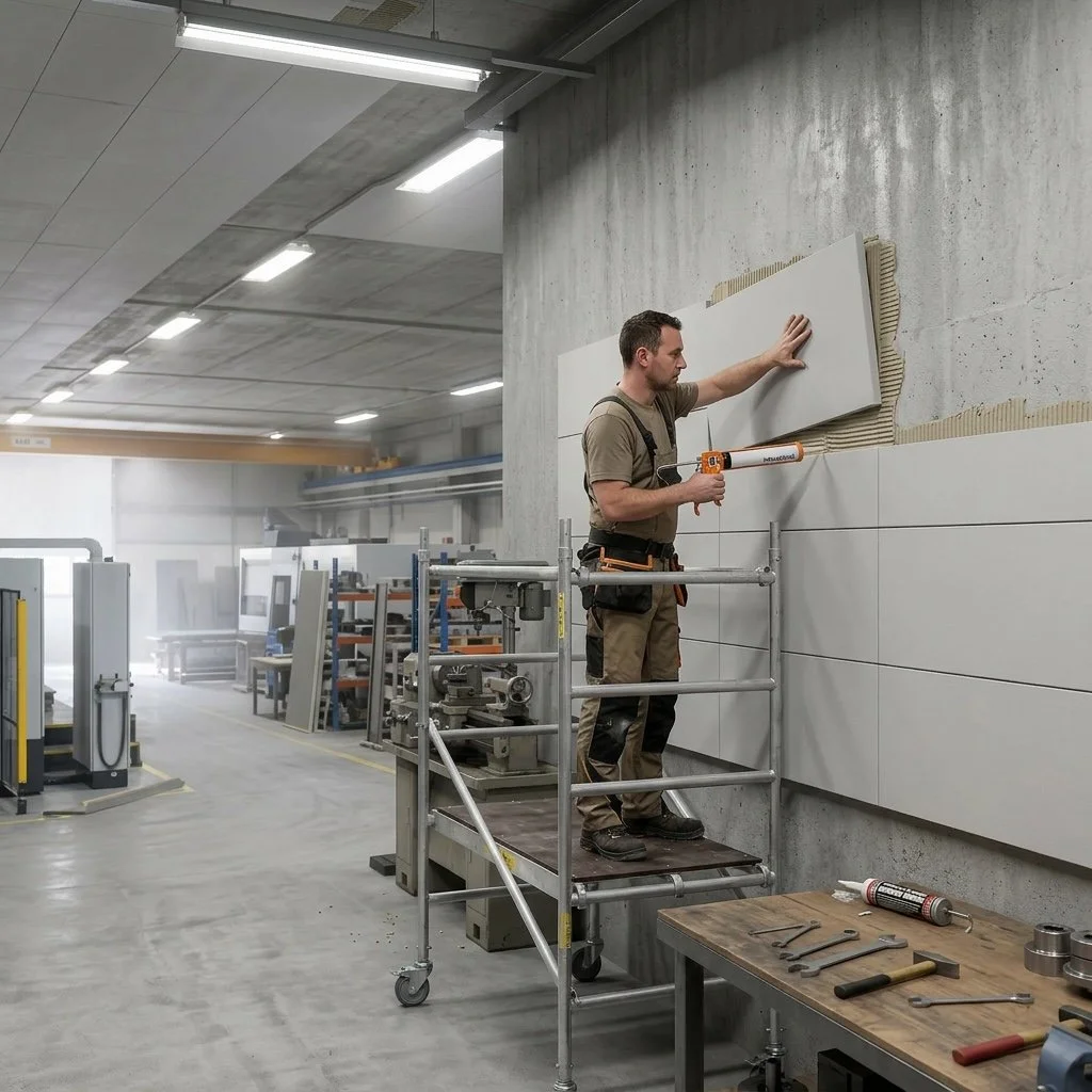  Monteur verklebt weisse Basotect Absorbertafeln direkt an einer Hallenwand 