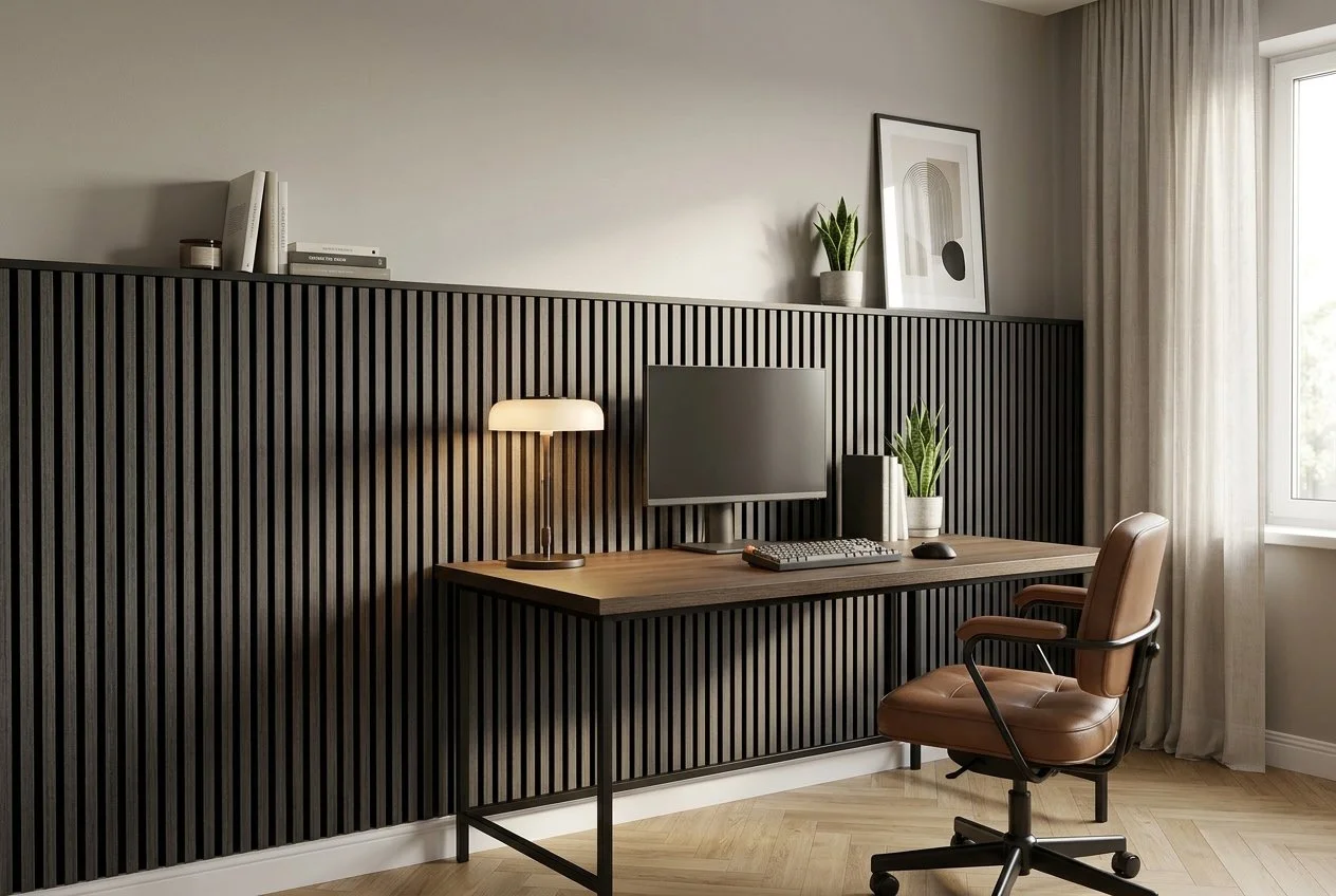  Sonido Elements 1.2 Akustikpaneele Eiche schwarz im Homeoffice hinter dem Schreibtisch 