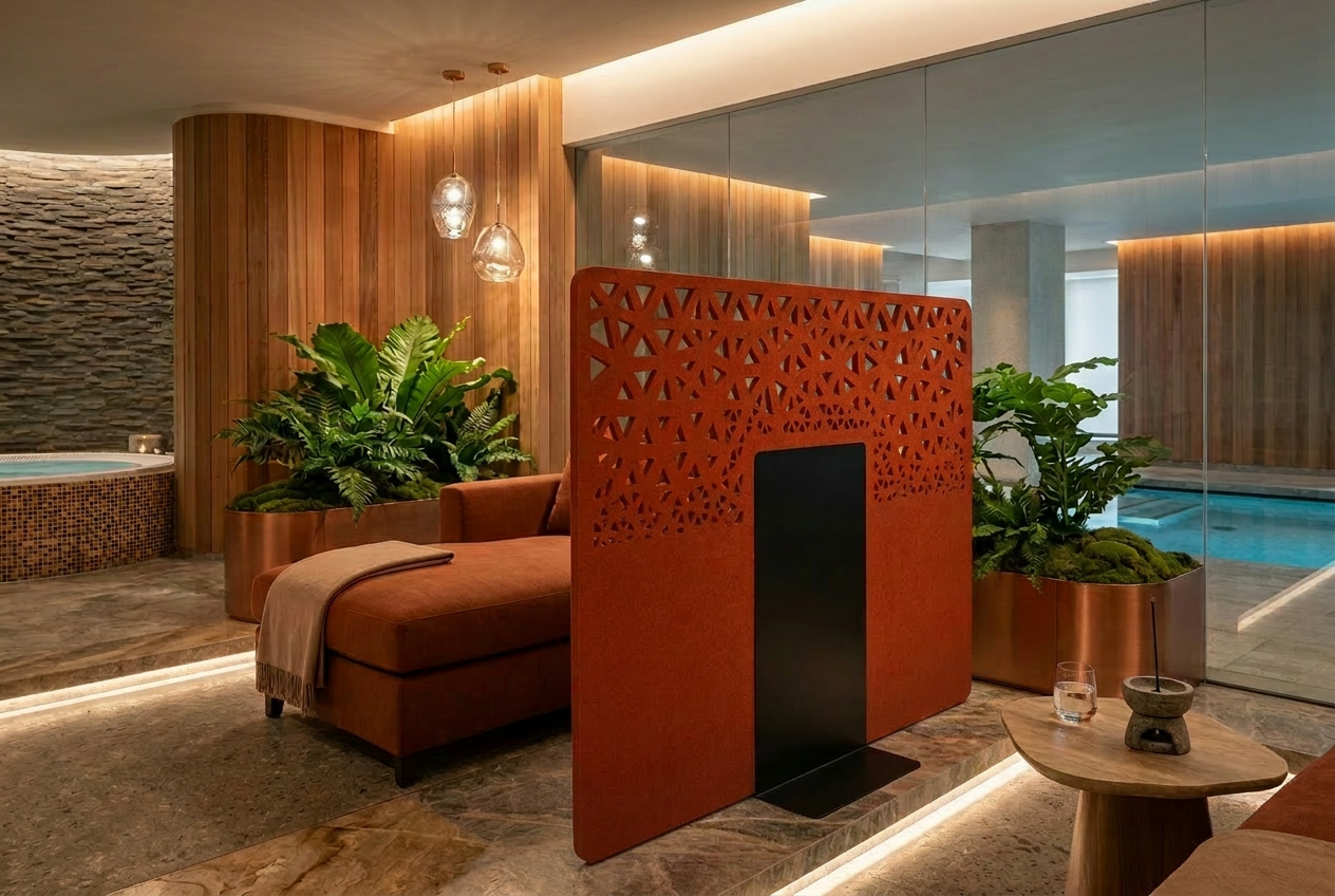  EchoCove Stand PERF in Terracotta mit dekorativer Perforation im Wellness-Bereich 