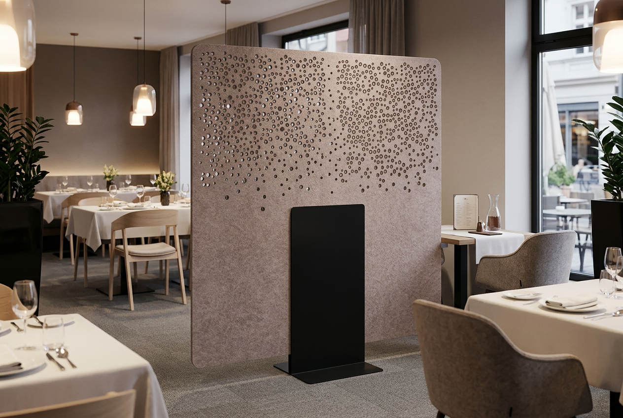  EchoCove Stand PERF in Beige mit Gecko-Perforation zoniert einen Restaurantbereich 