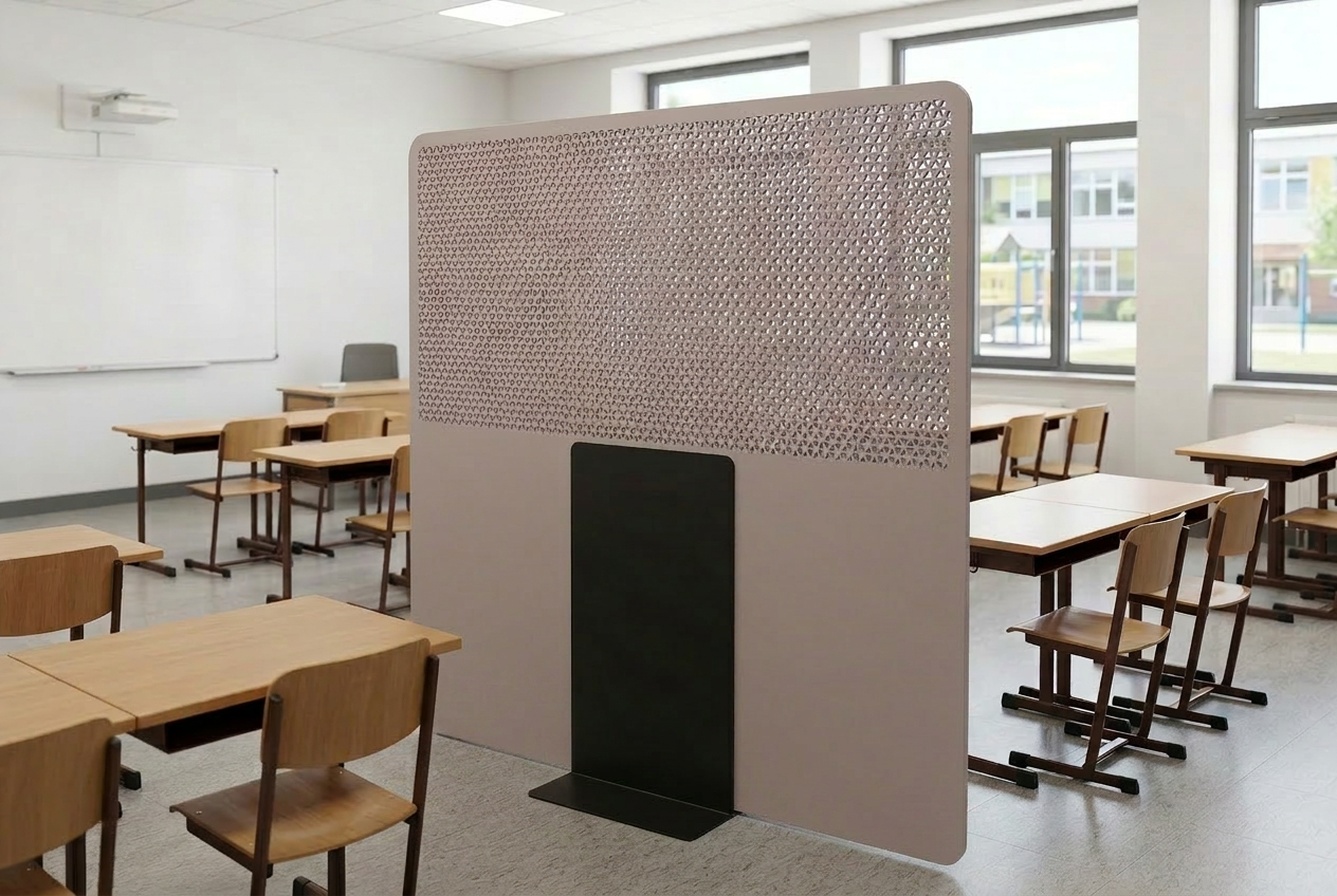  EchoCove Stand PERF in Driftwood mit feiner Perforation im Klassenzimmer 