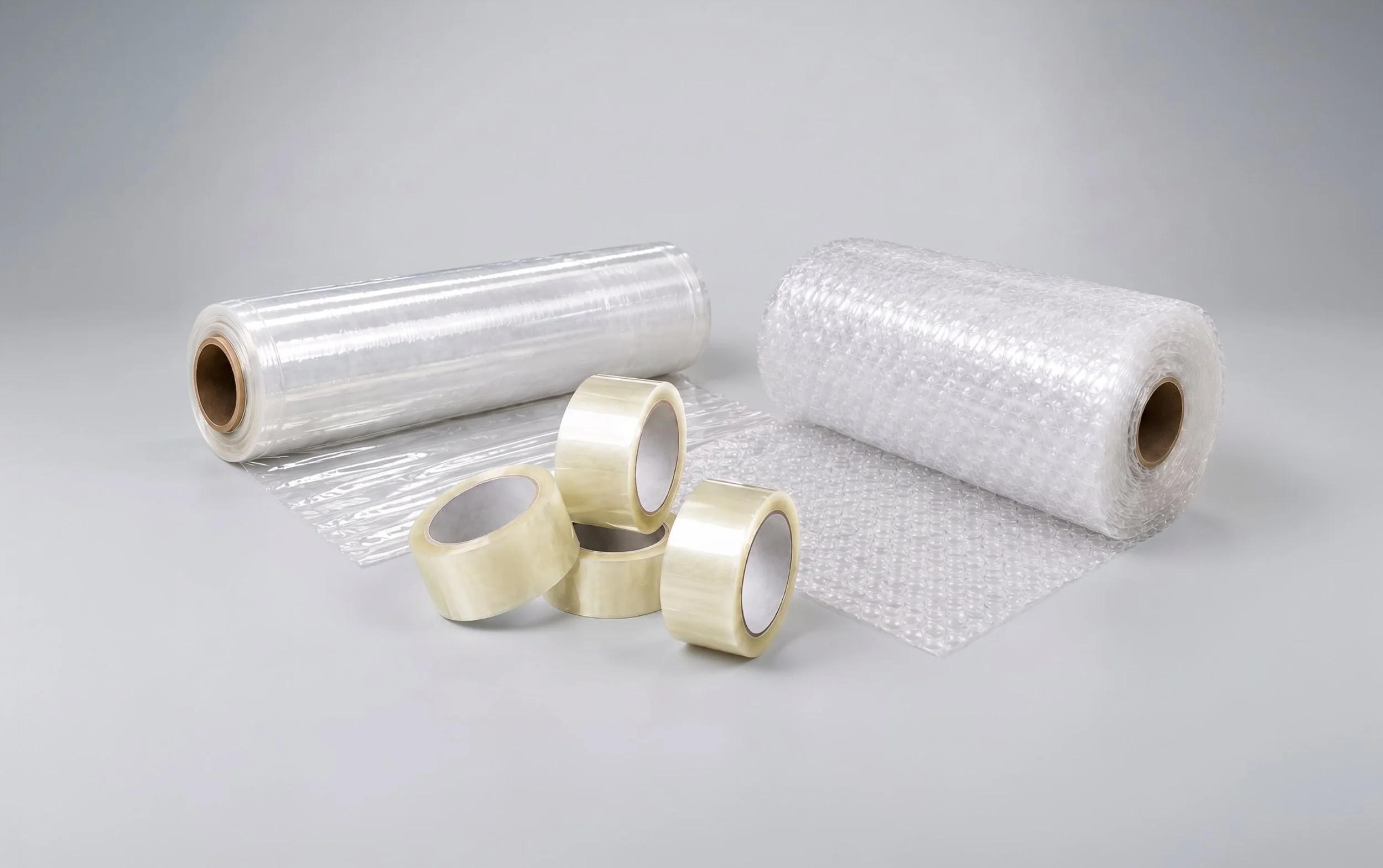 Verpackungsmaterial ab Lager Kriens: Handstretchfolie, 2-schichtige Luftpolsterfolie und PP-Klebeband für Transport und Baustelle.