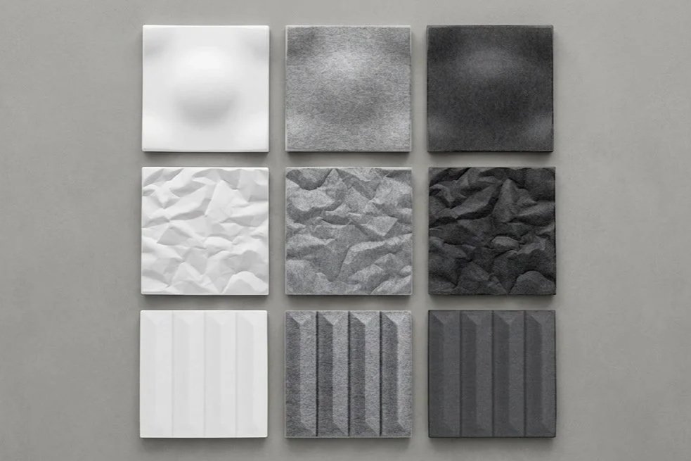 Soundwave Designpanels Swell, Scrunch und Ceramic in crèmeweiss, hellgrau und dunkelgrau im Überblick