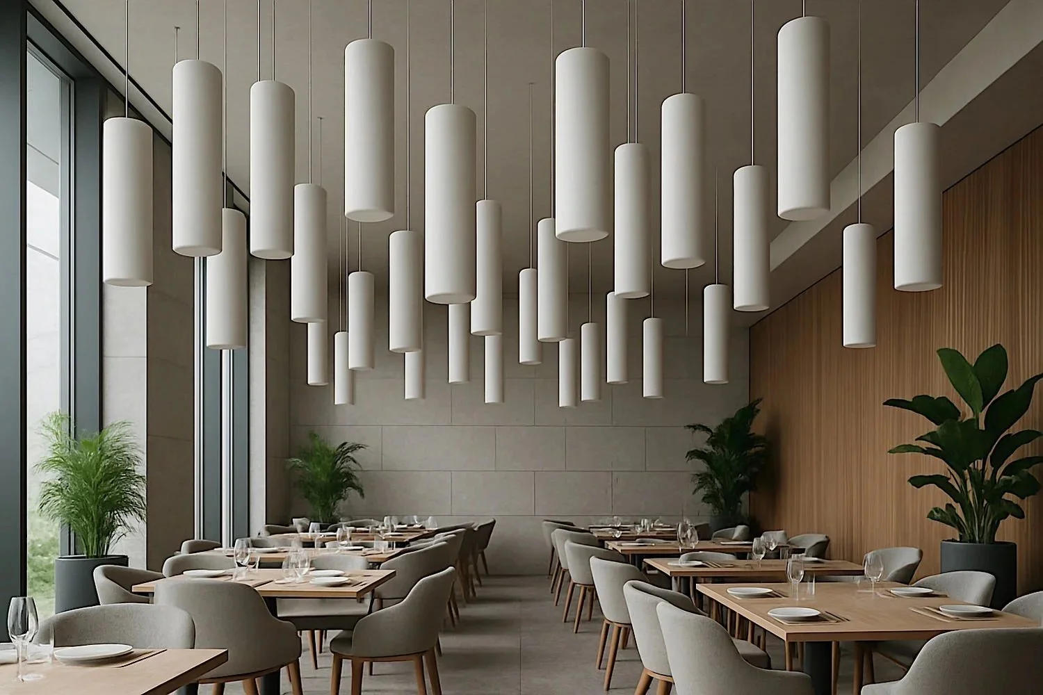 Restaurant mit gedeckten Tischen, von der Decke hängen mehrere weisse Akustikzylinder in unterschiedlichen Längen