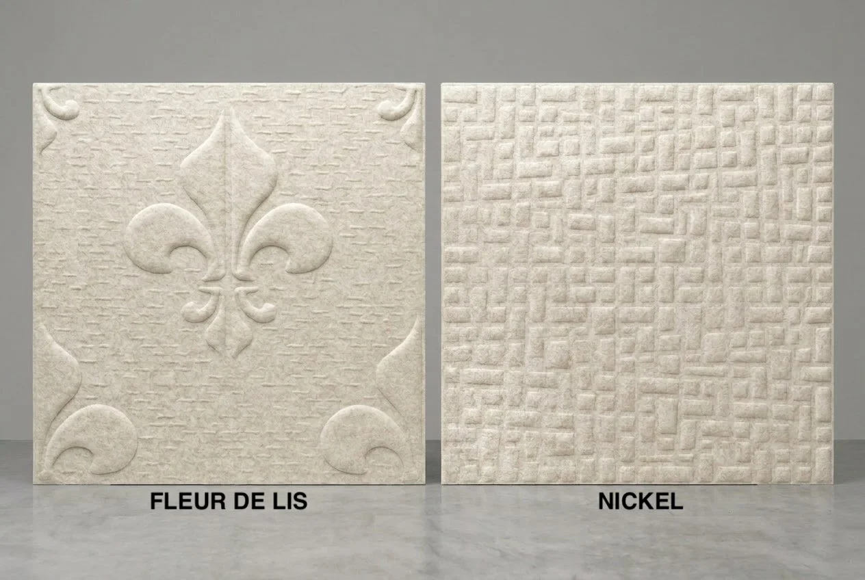 Whisperwool Design-Paneele Fleur de Lis und Nickel in Naturweiss, strukturierte Schafwolle