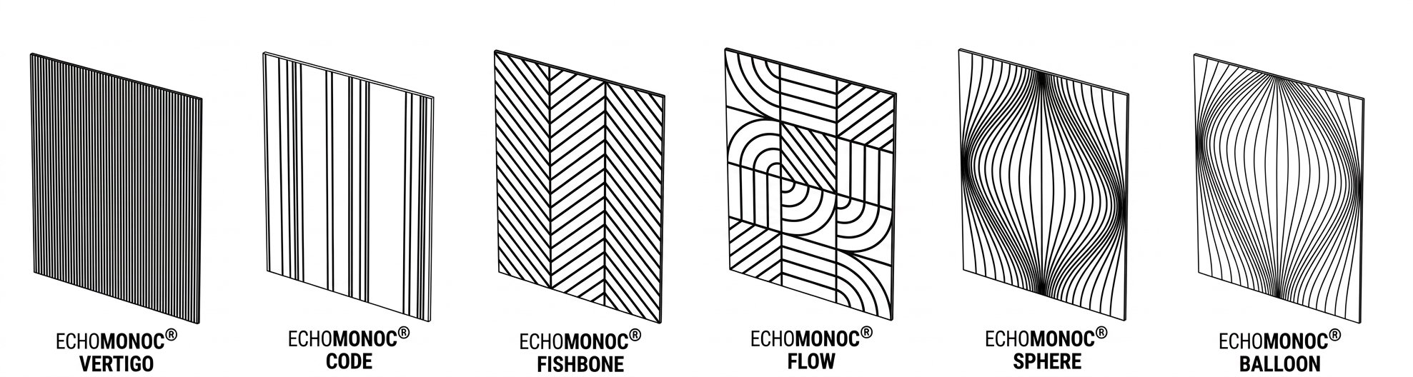 EchoMonoc Wandabsorber: sechs Designs Vertigo, Code, Fishbone, Flow, Sphere, Balloon