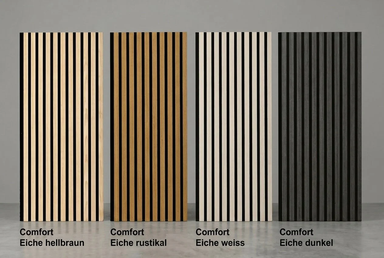 Acous Comfort Farbübersicht Eiche hellbraun, rustikal, weiss und dunkel