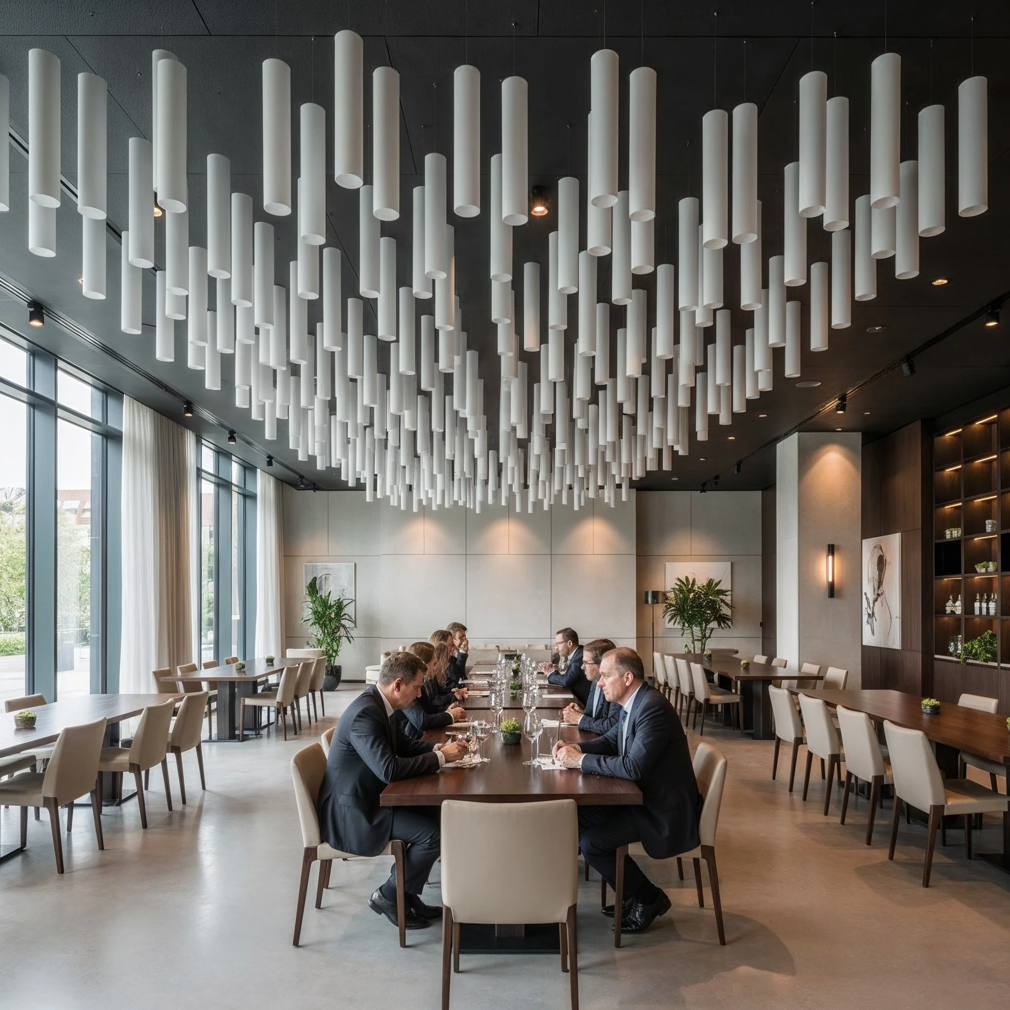 Grosses Feld weisser Silento Akustikzylinder als Deckenabsorber über dem Tisch einer Business-Lounge
