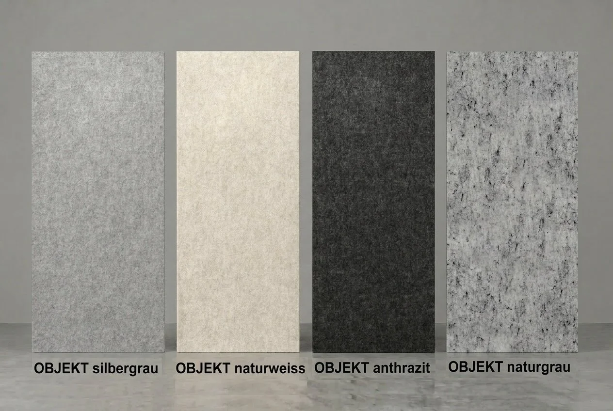 Whisperwool Objekt-Paneele Farbübersicht: Silbergrau, Naturweiss, Anthrazit, Naturgrau aus Schafwolle