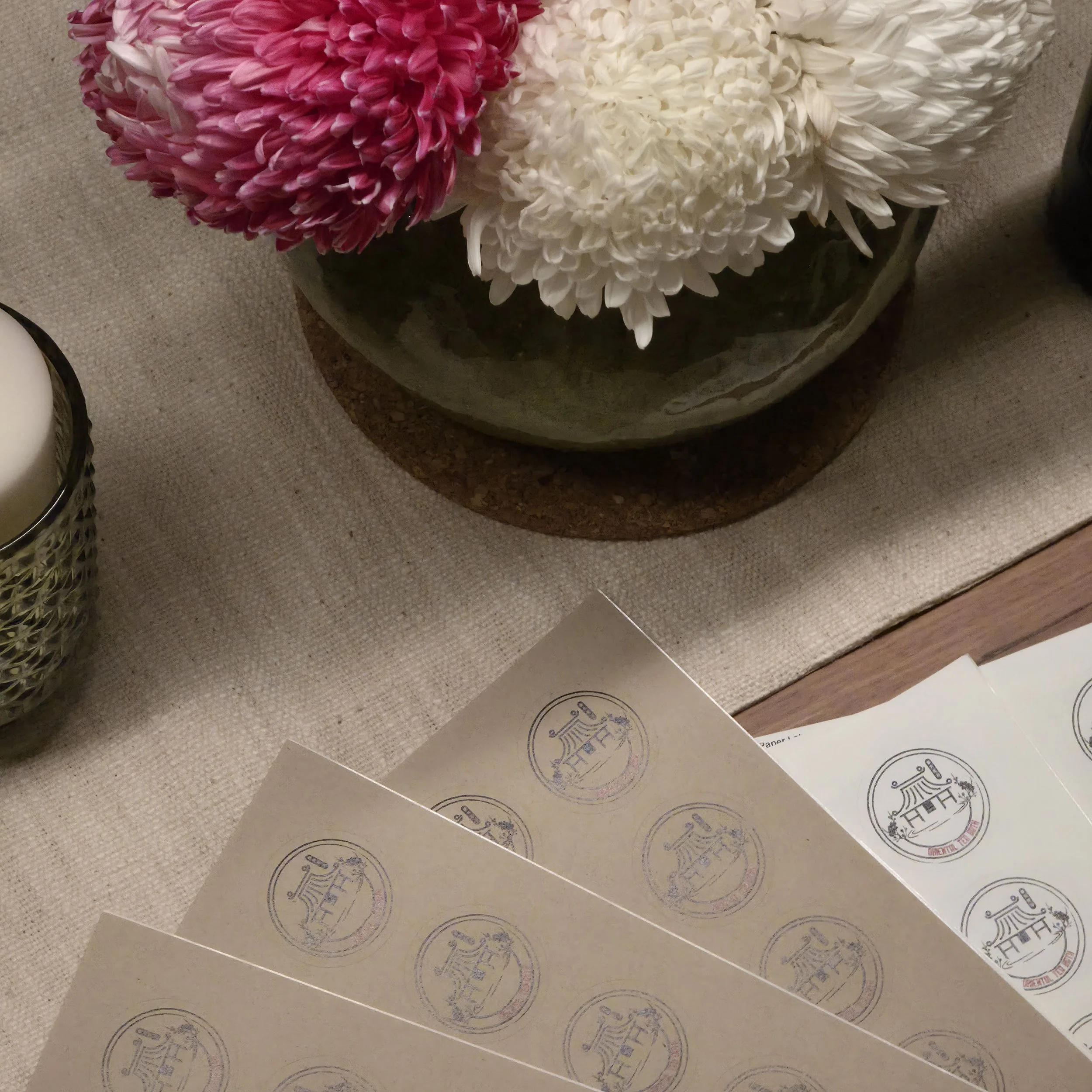 Oriental Tea Bath logo. Flowers. Spa at home. Calming, stress reduction.