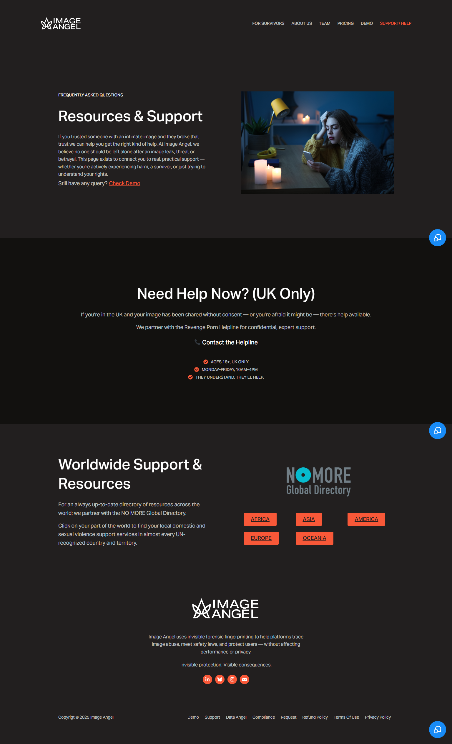 A website homepage for Image Angel, a digital support service for survivors of intimate image leaks. The page features sections on resources and support, a help hotline for UK users, worldwide support options, and a brief description of the companyβs