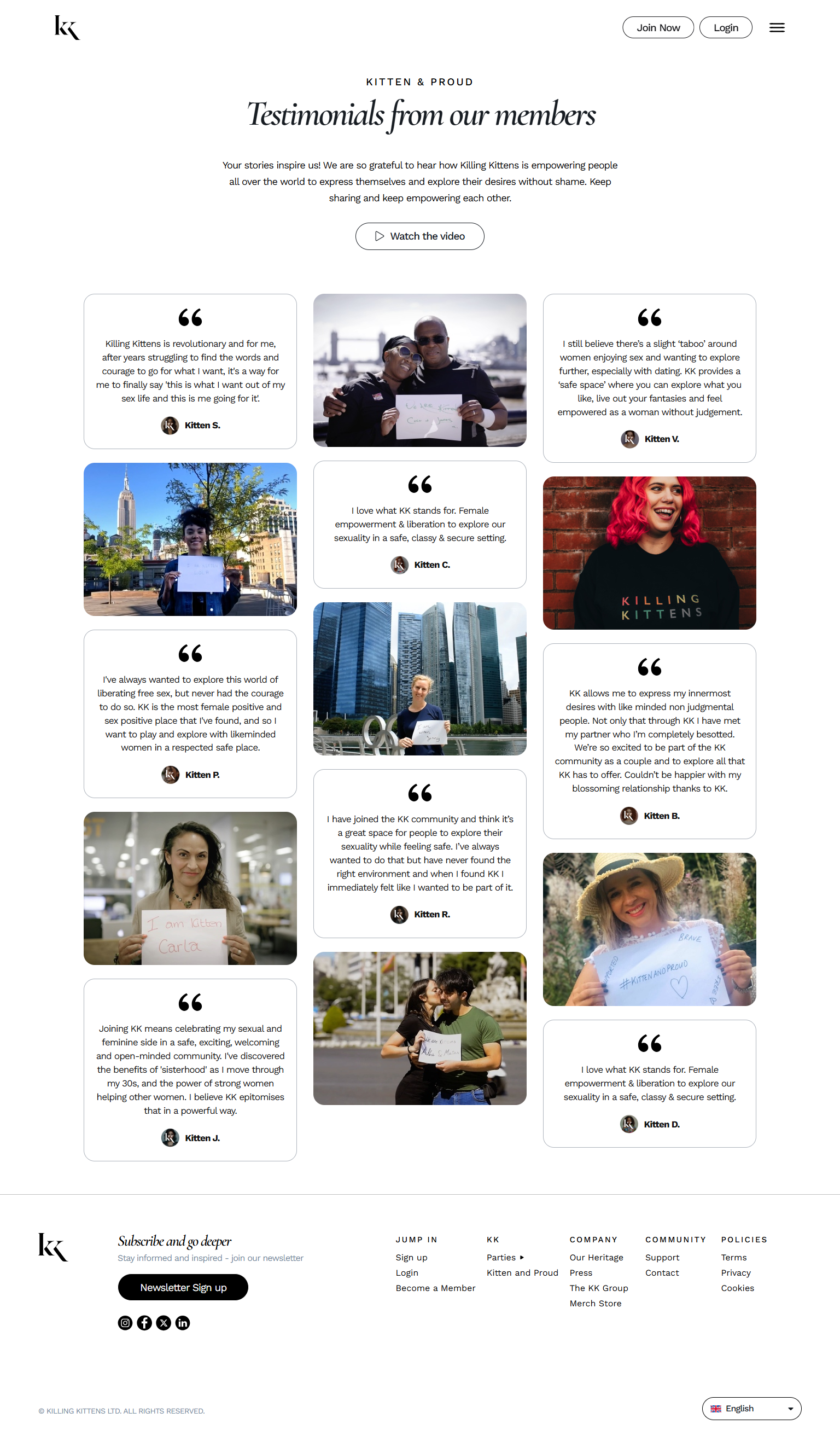 Collection of testimonials from members of Killing Kittens, showing photos and personal quotes expressing empowerment, sexuality exploration, and community support.