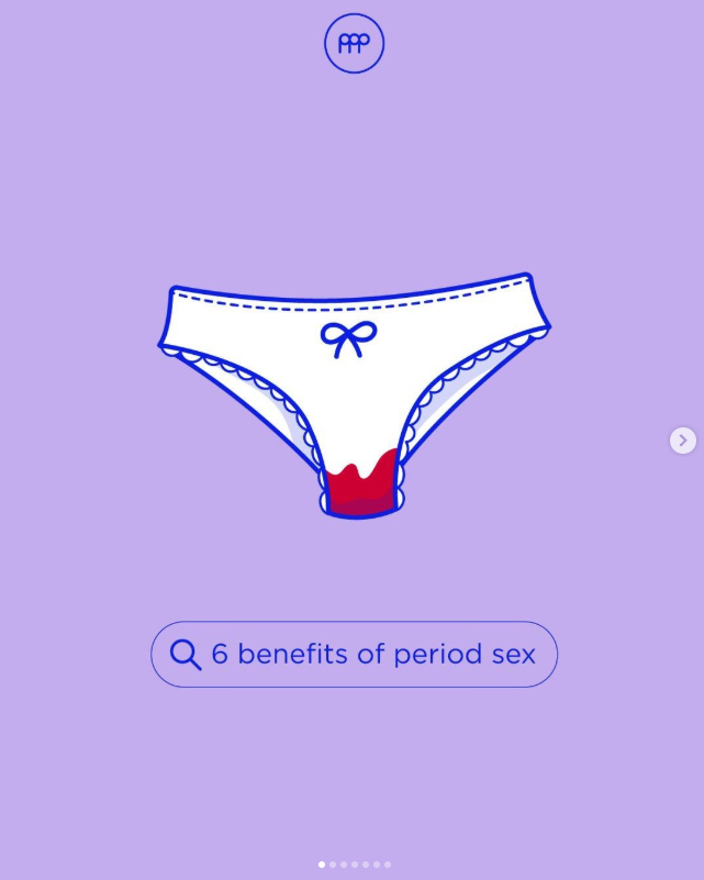 Illustration of underwear with a red stain and a search bar for benefits of period sex, on a purple background.