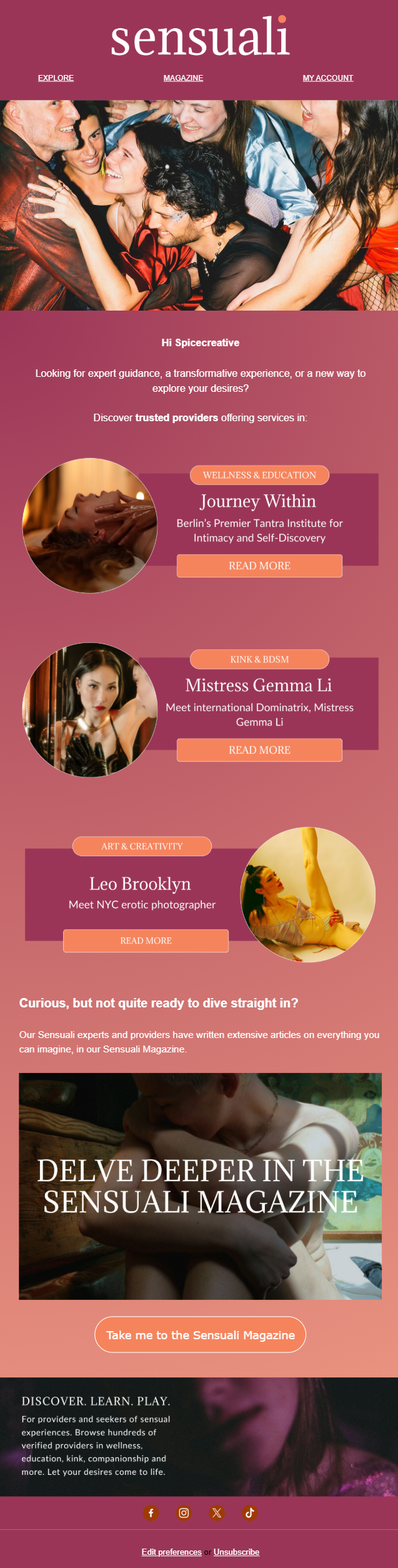 A webpage for Sensuali, a platform connecting people with intimacy and self-discovery services. Features a group of smiling diverse people at the top, with sections about wellness, kink, and art photography, each with images and reading options, on a