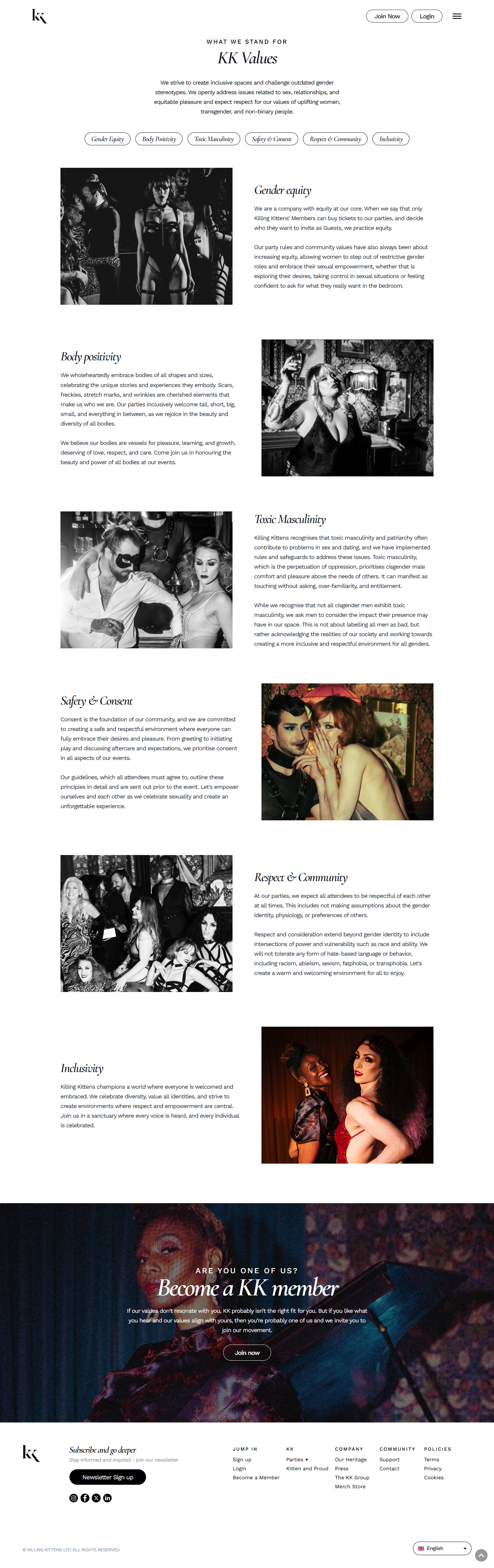 Website homepage for KK Values, featuring black-and-white and color photos of diverse women at a drag party, with information about gender equity, body positivity, toxic masculinity, safety and consent, respect and community, and inclusivity.