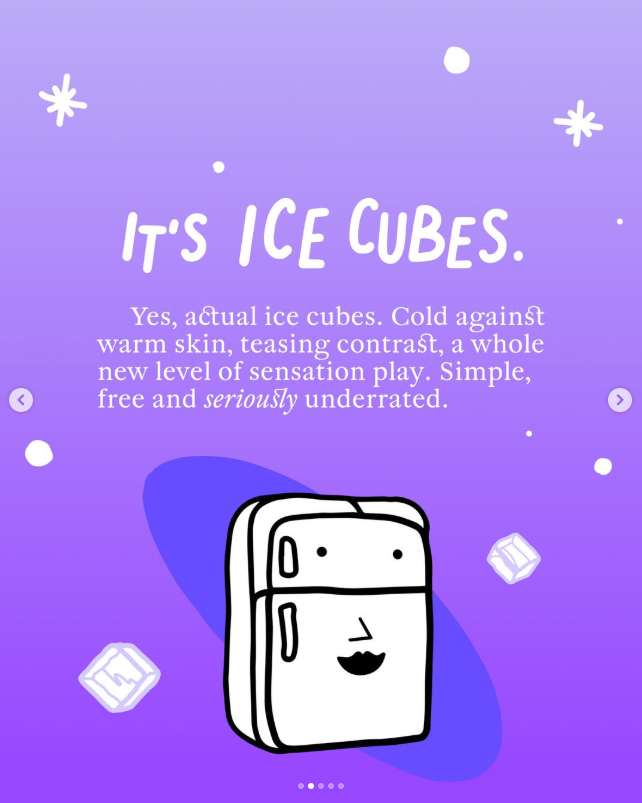 A graphic with a purple background promoting ice cubes, featuring an illustration of a smiling freezer with ice cubes around it.