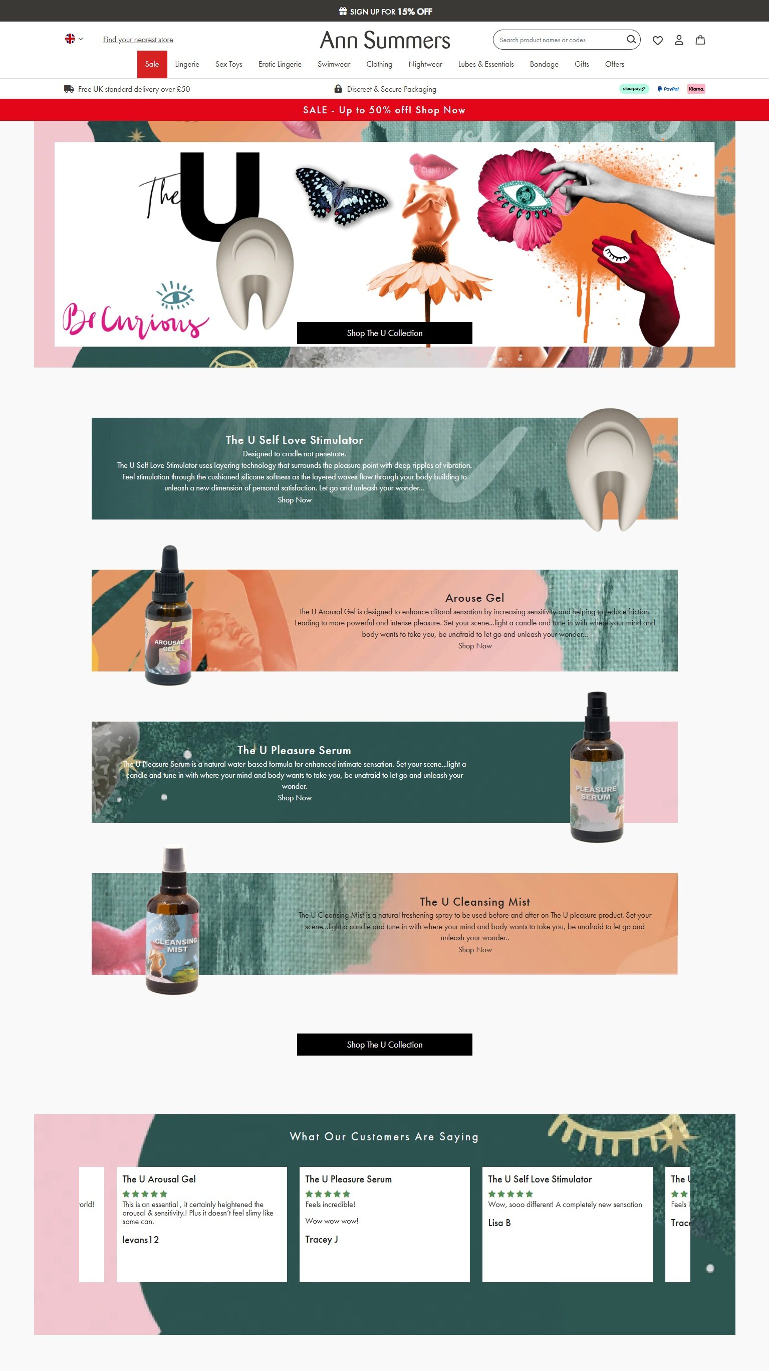 Webpage for Ann Summers featuring adult products including the U Self Love Stimulator, Arouse Gel, Pleasure Serum, and Cleansing Mist with product descriptions and customer reviews.