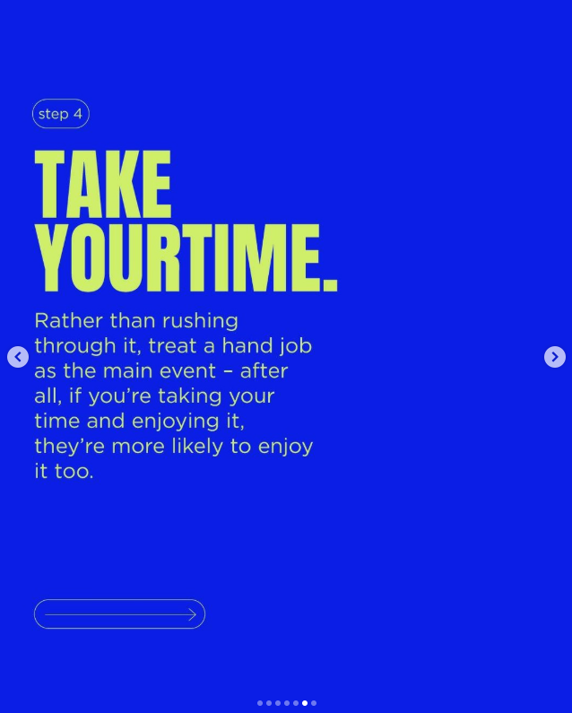 Page with step 4 of a guide titled 'Take Your Time' in large lime green text on a blue background, with additional instructions in smaller blue text about not rushing and enjoying the moment.