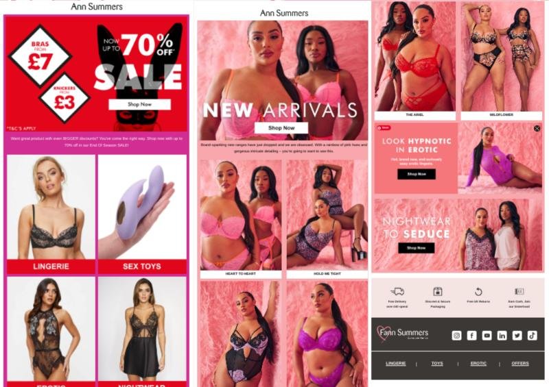 An advertisement collage for Ann Summers featuring lingerie, sex toys, and adult products, with models in lingerie and promotional messages about new arrivals and sexy nightwear.