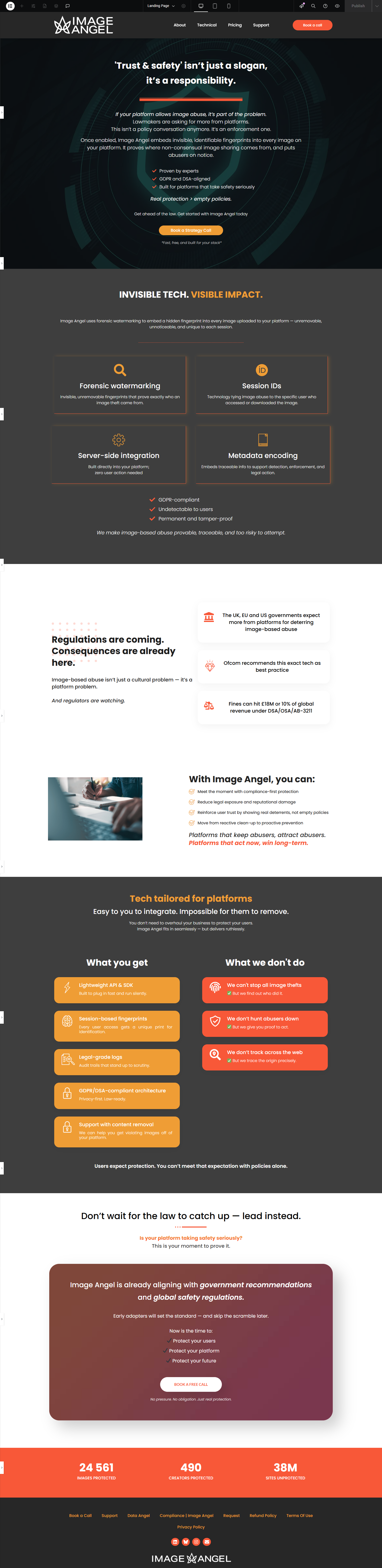 Website homepage for Image Angel, a cybersecurity platform focused on image-based abuse prevention. Features include trust and safety messaging, platform capabilities such as forensic watermarking, session IDs, server-side integration, and metadata e
