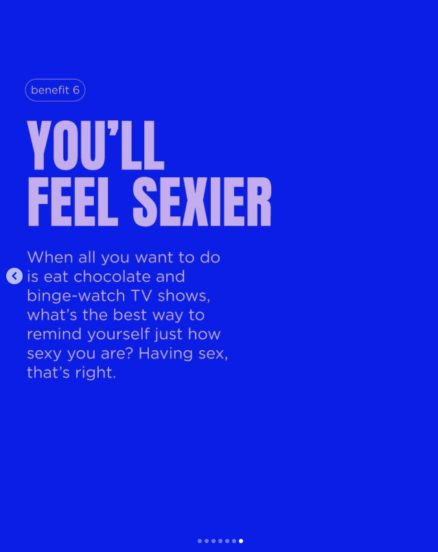 Blue advertisement for Benefit 6 product with text 'You'll Feel Sexier' and a description about how having sex can boost confidence.