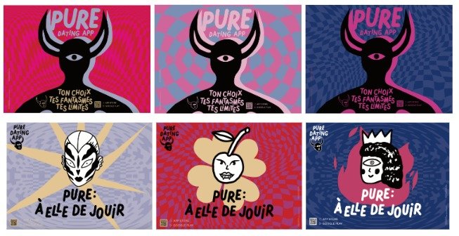 Six colorful cartoon-style posters advertising the Pure dating app, featuring stylized characters and playful designs.