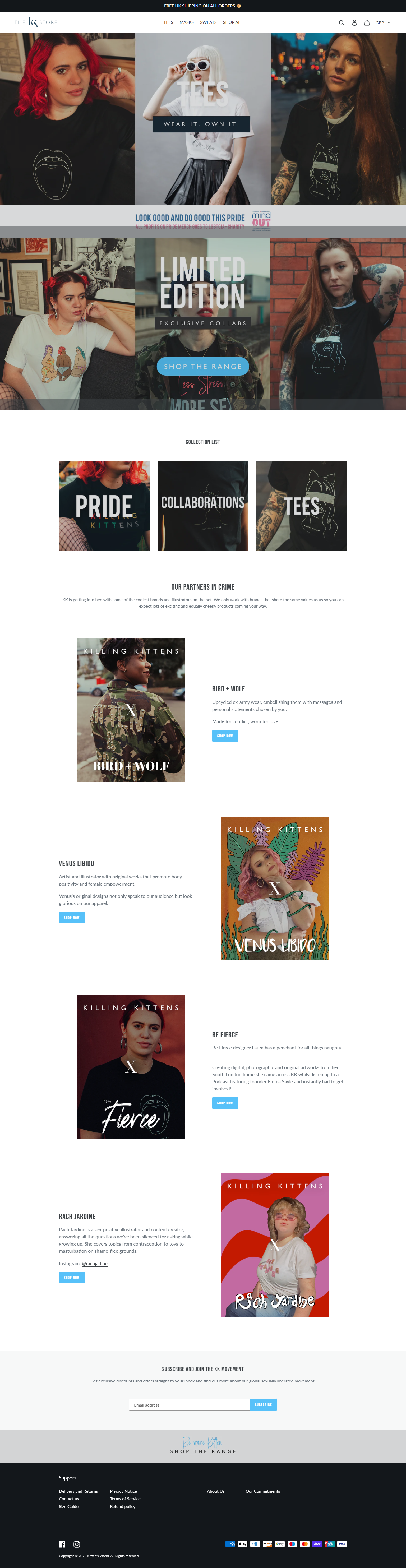 Screenshot of a website homepage for a clothing store featuring graphic t-shirts with various designs, models wearing the t-shirts, and promotional banners for limited edition collections and collaborations.