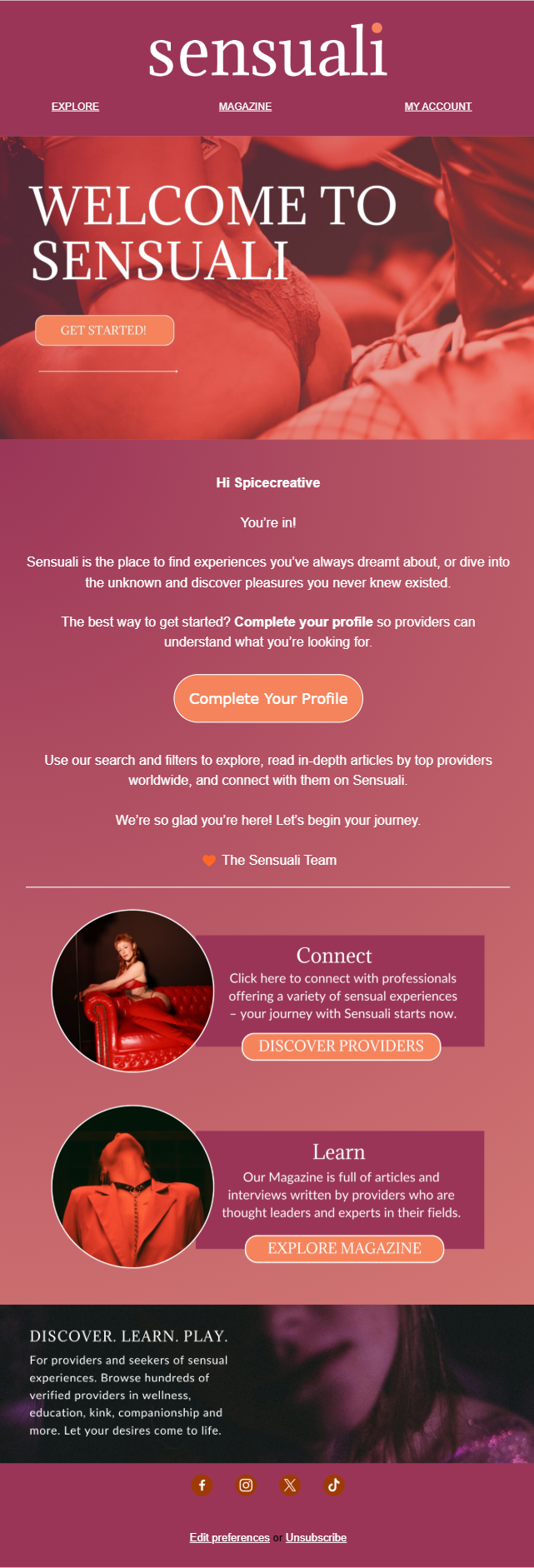 Sensuali website homepage with a header, welcome message, profile completion prompt, and options to discover providers or explore the magazine. Includes images of women in sensual poses, dark background, and social media icons.