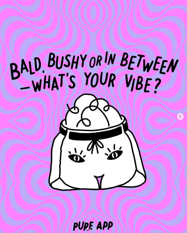 A cartoon illustration of a head with a headband, containing curly hair and eyes with lashes, set against a purple and pink wavy background. Text above asks, "Bald. Bushy or in between - What's your vibe?" and below it says "Pure App."