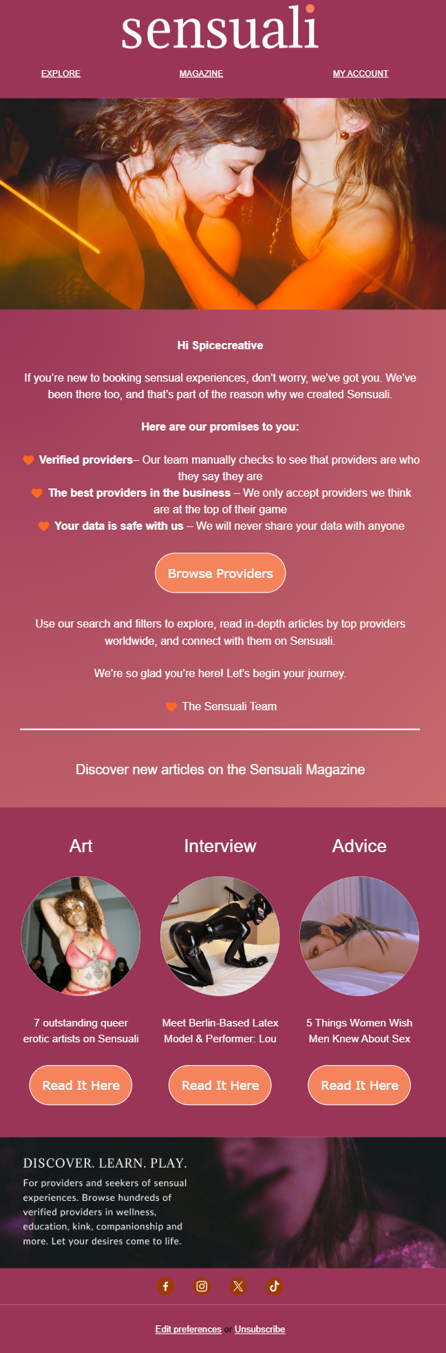 A promotional webpage for Sensuali, a platform for booking sensual experiences, featuring a header with the Sensuali logo, navigation links, a welcoming message from the team, a list of promises including verified providers, trusted service quality,