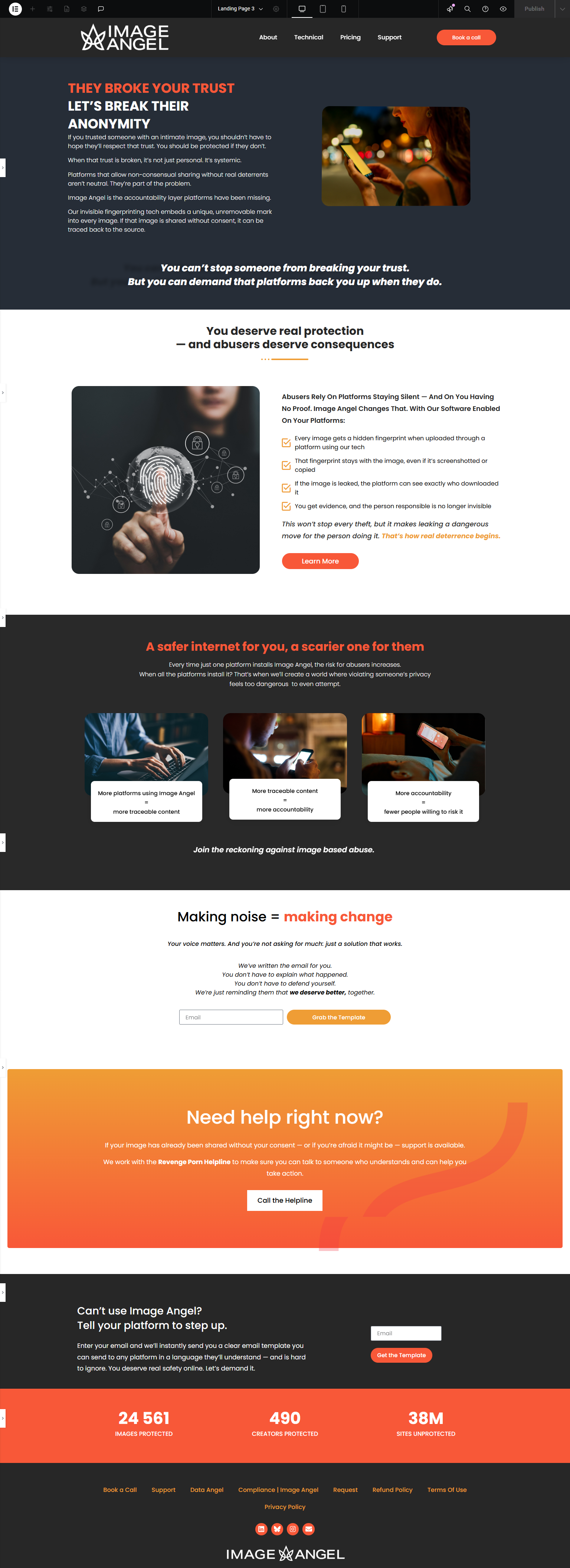 Website homepage for Image Angel discussing digital trust and privacy protection measures, featuring images of people using smartphones and laptops, with call-to-action buttons for support and information.