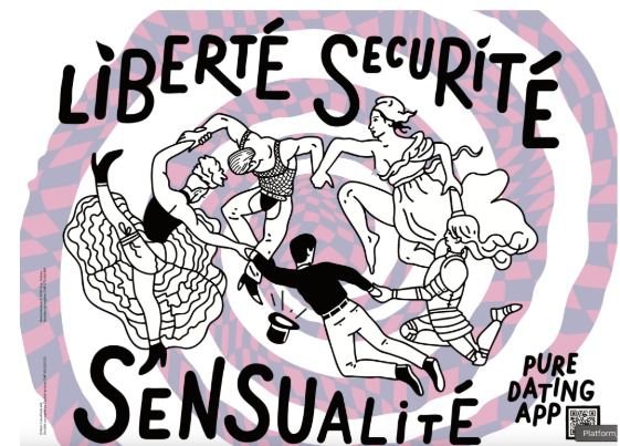 Illustration of four dancers holding hands in a circle, with the words 'LibertΓ©', 'SΓ©curitΓ©', 'SensualitΓ©' and 'Pure Dating App' surrounding them. The background has a pink and purple pattern.