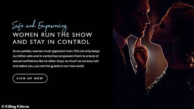 Promotional graphic with silhouette of a man and woman touching faces, emphasizing empowerment and control for women at parties.
