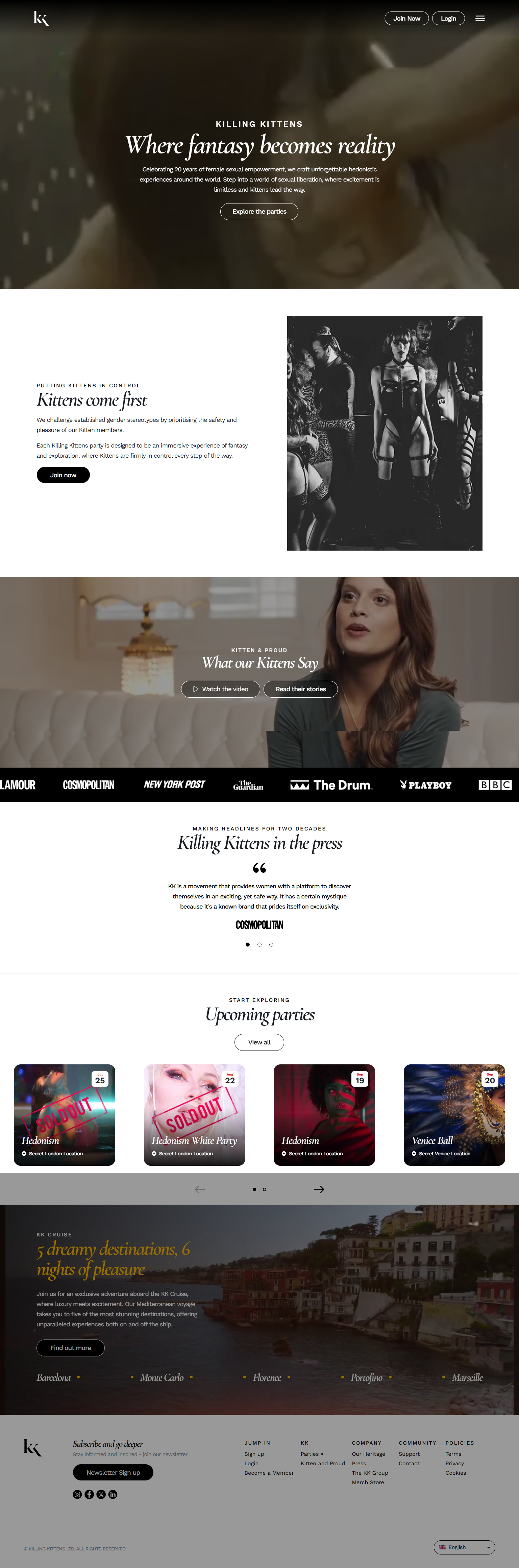 Homepage of Killing Kittens website showing promotional content for adult parties, including images of people at events and a woman speaking with buttons for videos and stories.