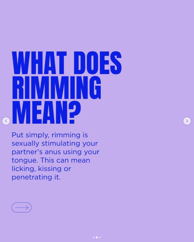 Educational graphic with text explaining rimming as sexually stimulating involving the partner's anus using the tongue, with a purple background and blue text.