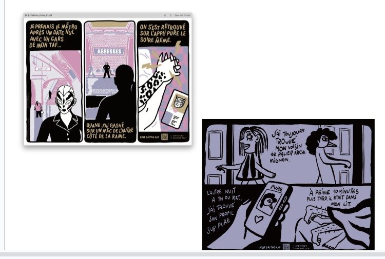 Comic strip with two panels; the first panel shows a person in a mask at a metro station, mentioning their dating history and finding someone on a dating app, with a giraffe illustrated on the right side. The second panel depicts a woman showing her