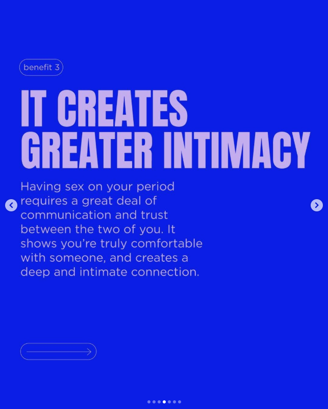Blue informational screen about benefits of having sex during menstruation, emphasizing it creates greater intimacy and trust.