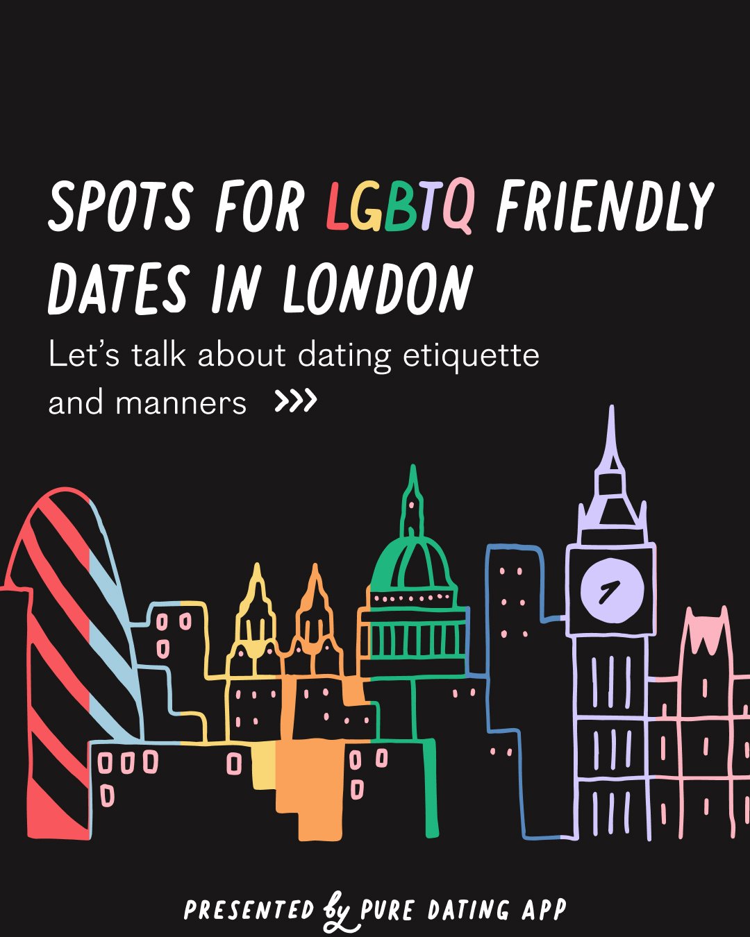Colorful line drawing of London skyline with text about LGBTQ friendly dating spots and dating etiquette.